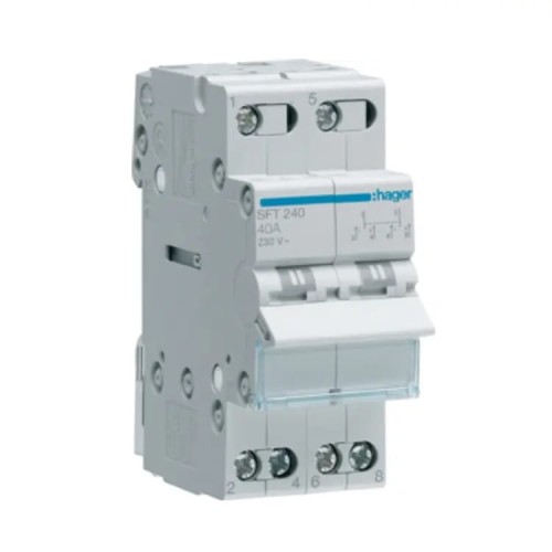 Hager Modulový instalační přepínač I-0-II (1-0-2) se společným bodem nahoře 2P 40A 230V AC GPV-401-212