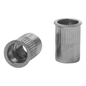 Nýtovací matice průchozí M8 A2 – kuželovitý límec redukovaný, rýhovaná, AISI 304