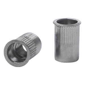 Nýtová matice průchozí M10 A2 – kuželový redukovaný límec, vroubkovaná, AISI 304