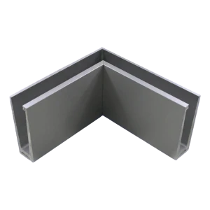 Hliníkový vnitřní rohový profil pro celoskelné zábradlí 200×120×45 mm – montáž shora, satén